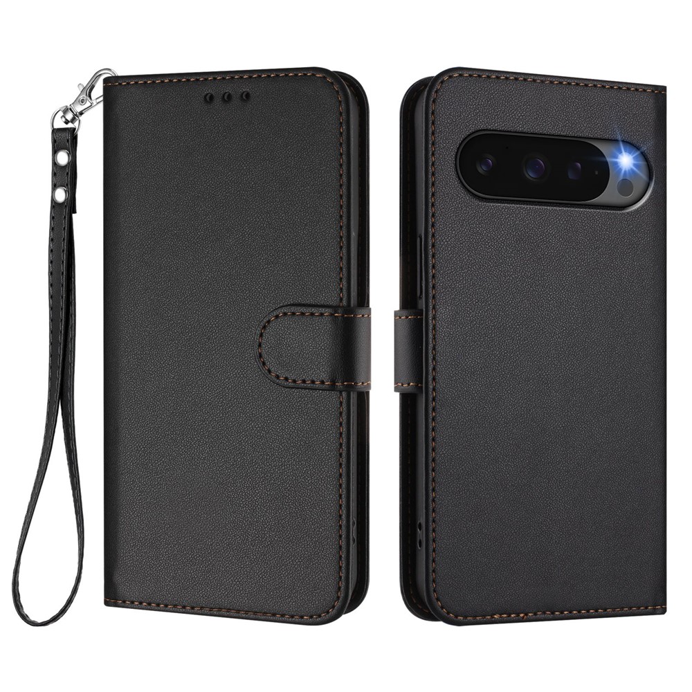 For Google Pixel 9 Pro XL / Google Pixel 10 Pro XL Leather Case Wallet Stand Phone Cover with Wrist Strap - Black