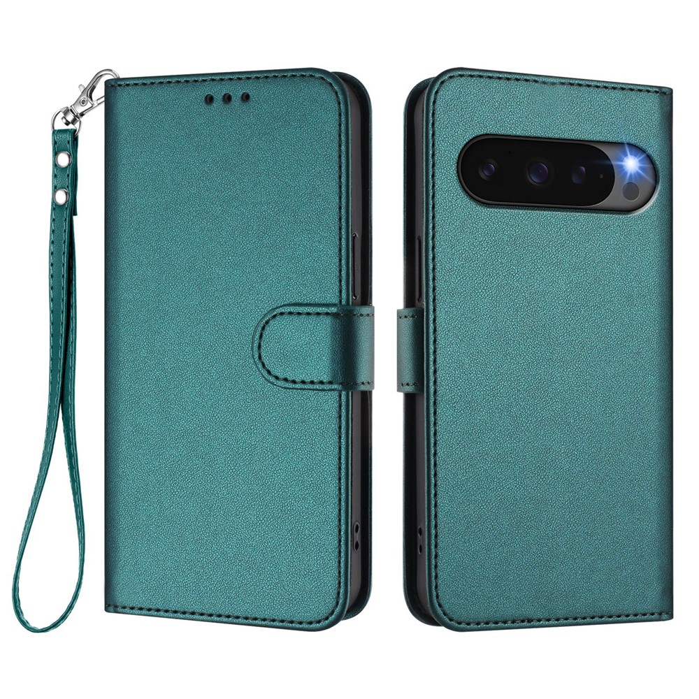 For Google Pixel 9 Pro XL / Google Pixel 10 Pro XL Leather Case Wallet Stand Phone Cover with Wrist Strap - Green