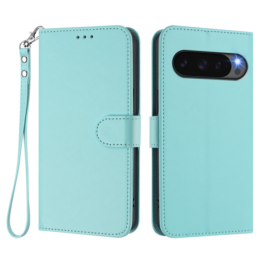 For Google Pixel 9 Pro XL / Google Pixel 10 Pro XL Leather Case Wallet Stand Phone Cover with Wrist Strap - Mint Green