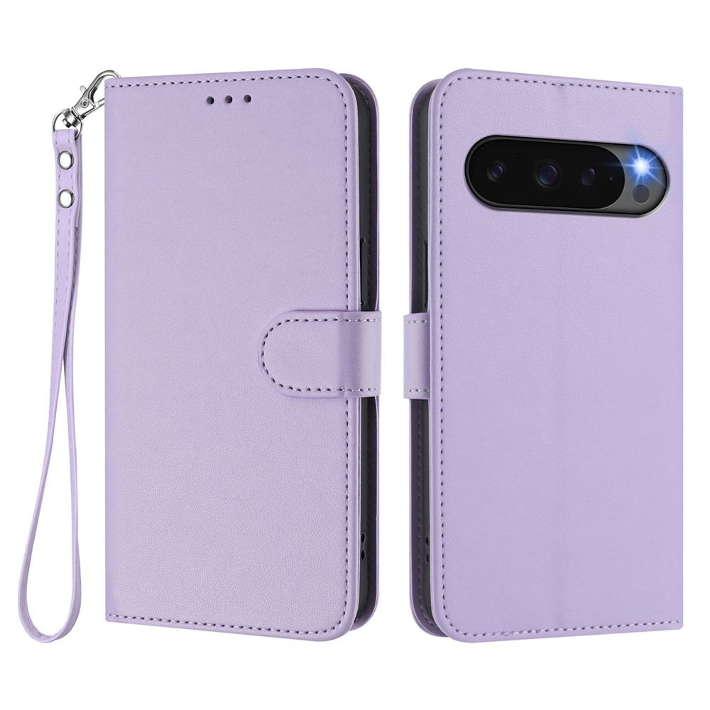 For Google Pixel 9 Pro XL / Google Pixel 10 Pro XL Leather Case Wallet Stand Phone Cover with Wrist Strap - Light Purple