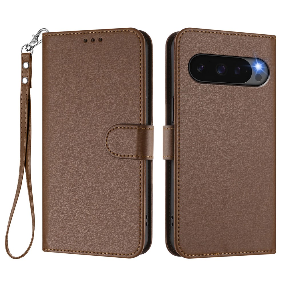 For Google Pixel 10 Pro / Google Pixel 9 / Google Pixel 9 Pro / Google Pixel 10 Leather Case Wallet Stand Phone Cover with Wrist Strap - Brown