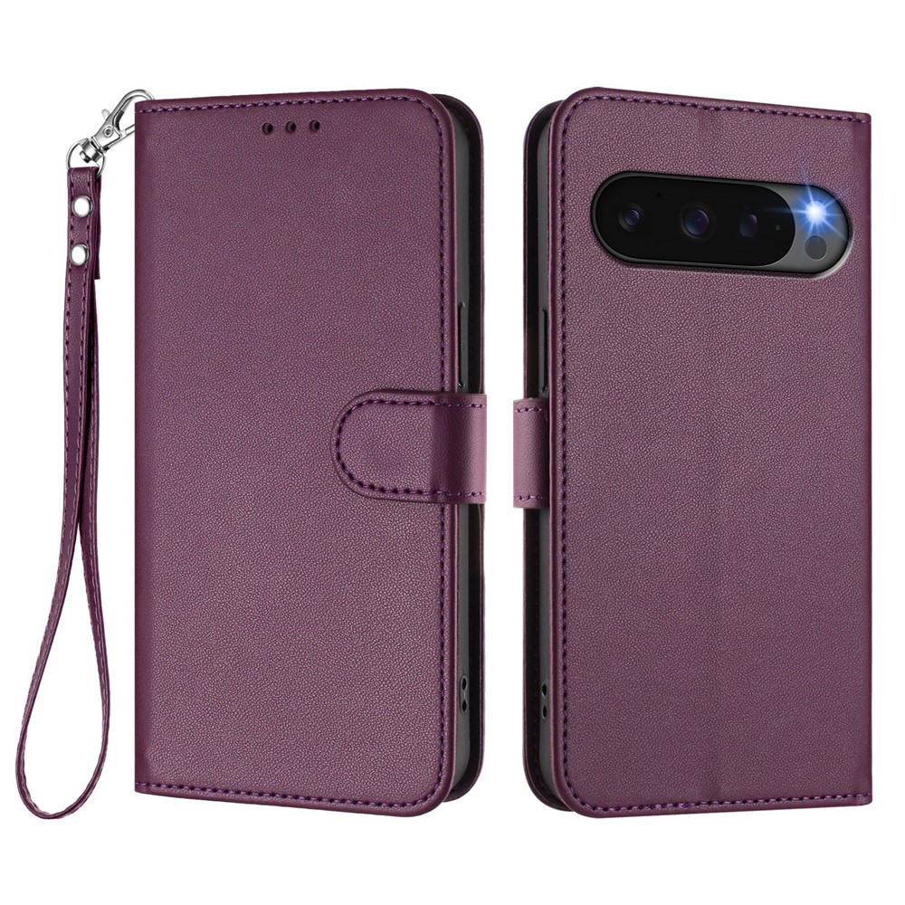 For Google Pixel 10 Pro / Google Pixel 9 / Google Pixel 9 Pro / Google Pixel 10 Leather Case Wallet Stand Phone Cover with Wrist Strap - Purple