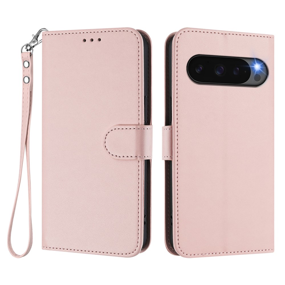 For Google Pixel 10 Pro / Google Pixel 9 / Google Pixel 9 Pro / Google Pixel 10 Leather Case Wallet Stand Phone Cover with Wrist Strap - Pink