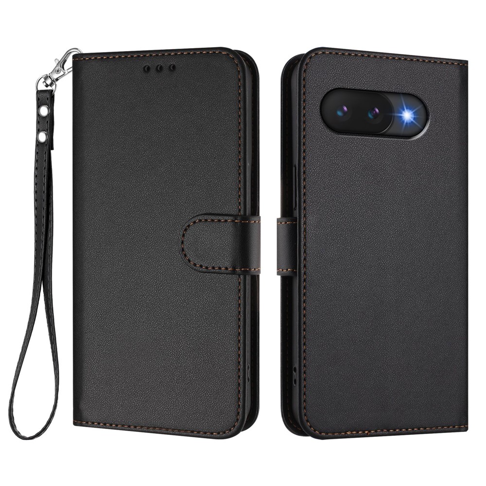For Google Pixel 9a Leather Case Wallet Stand Phone Cover with Wrist Strap - Black