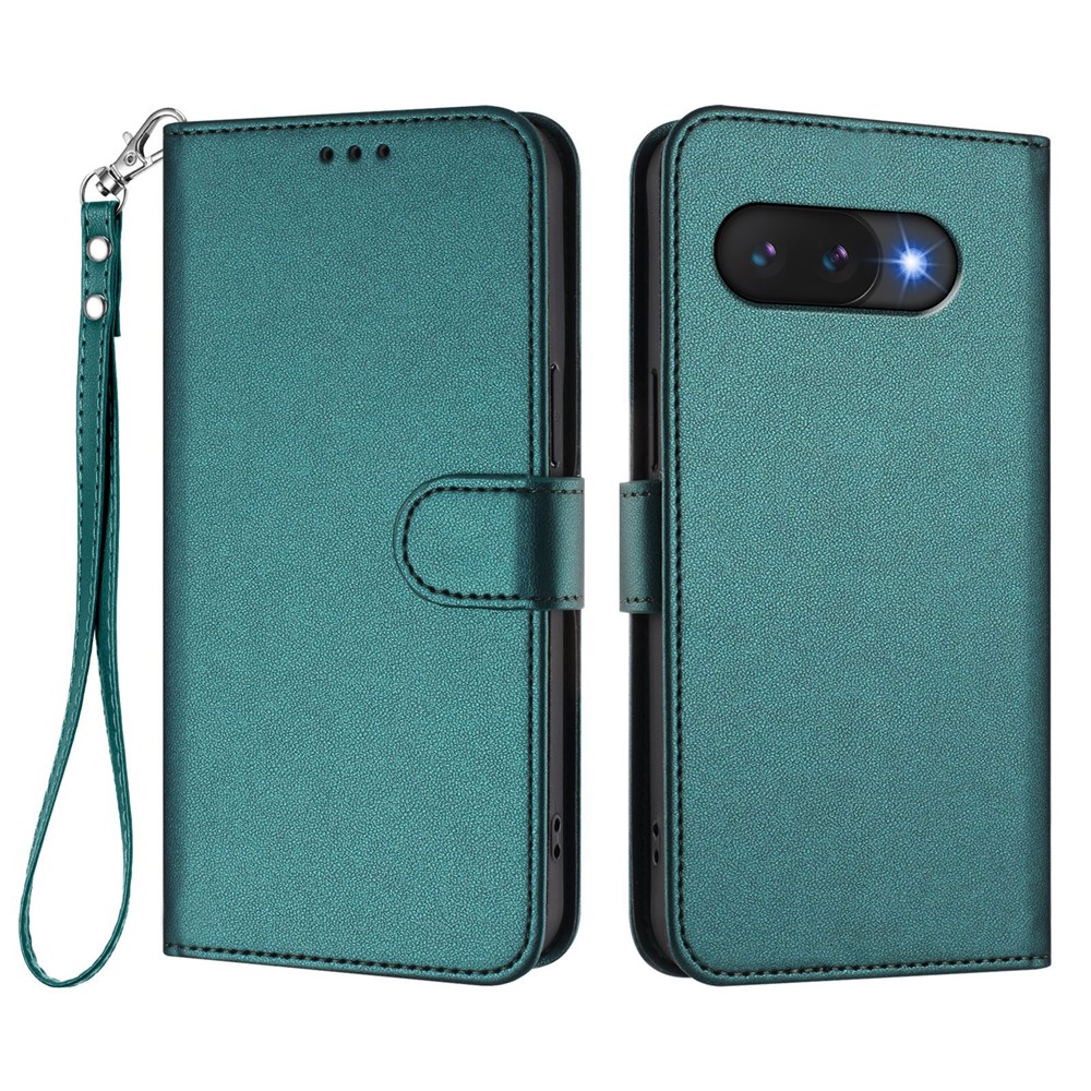 For Google Pixel 9a Leather Case Wallet Stand Phone Cover with Wrist Strap - Green