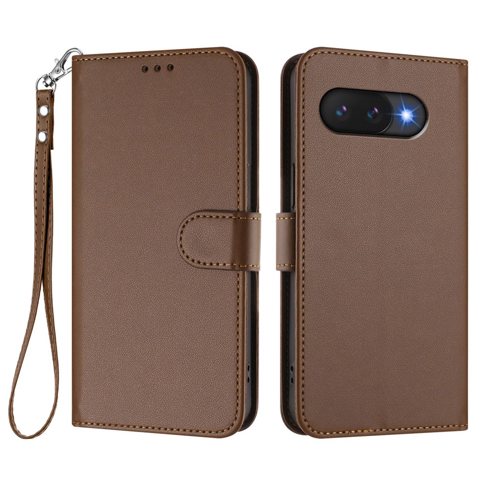 For Google Pixel 9a Leather Case Wallet Stand Phone Cover with Wrist Strap - Brown