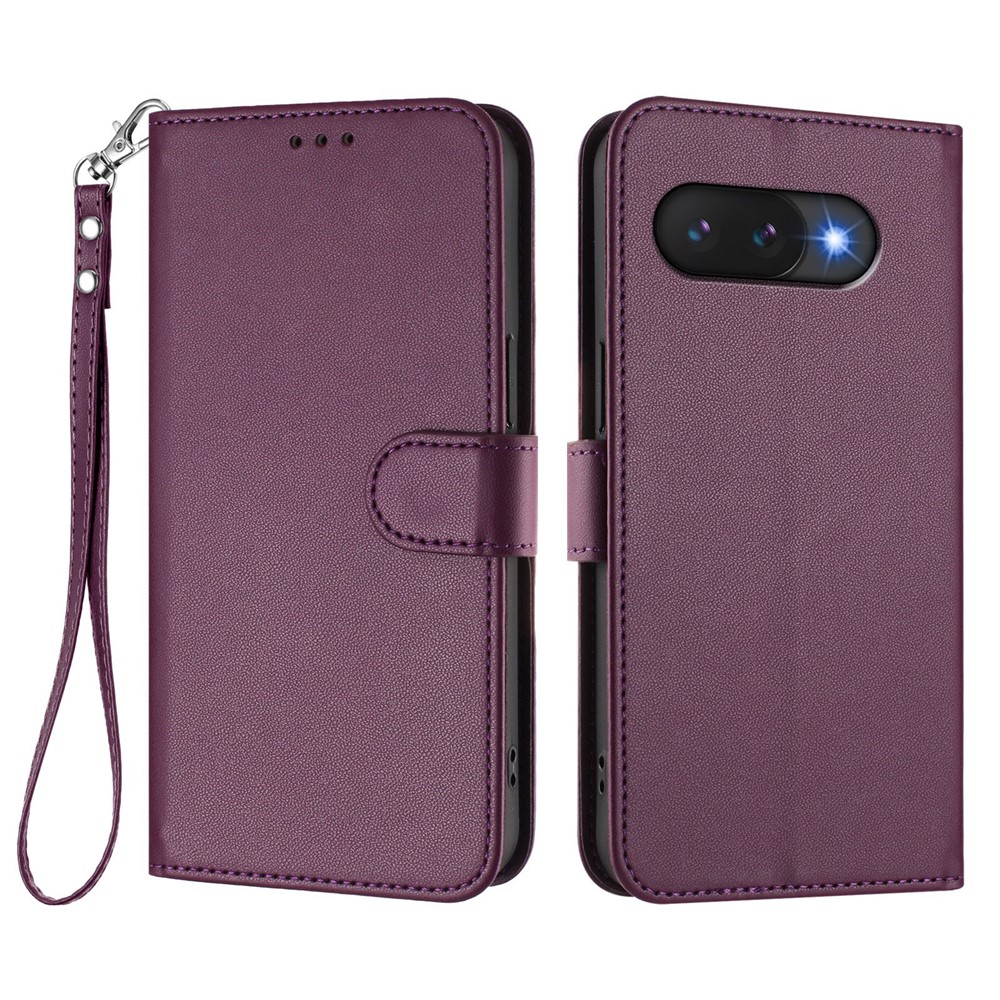 For Google Pixel 9a Leather Case Wallet Stand Phone Cover with Wrist Strap - Purple
