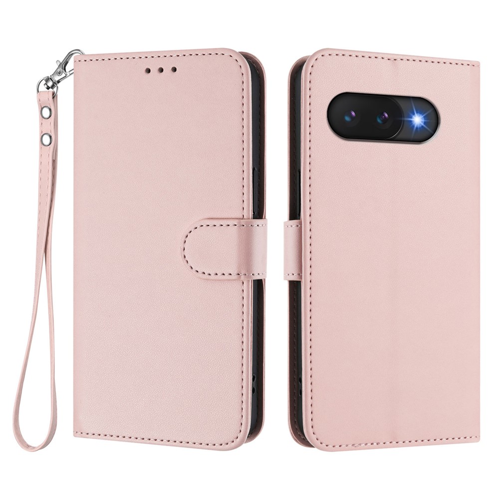 For Google Pixel 9a Leather Case Wallet Stand Phone Cover with Wrist Strap - Pink