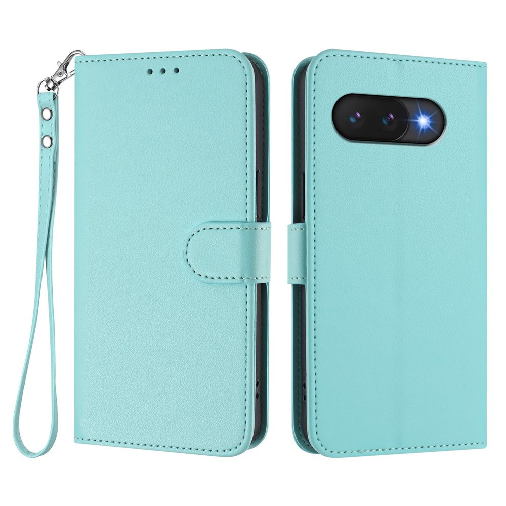 For Google Pixel 9a Leather Case Wallet Stand Phone Cover with Wrist Strap - Mint Green
