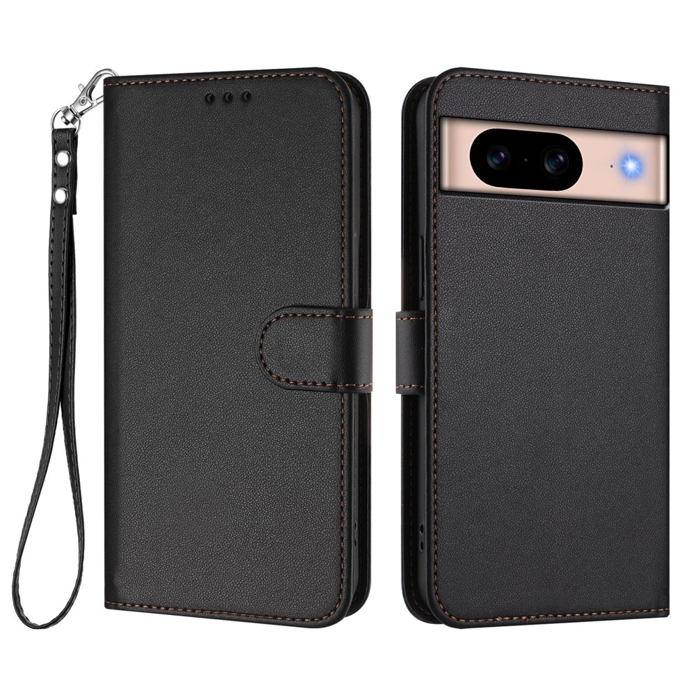 For Google Pixel 8a Leather Case Wallet Stand Phone Cover with Wrist Strap - Black