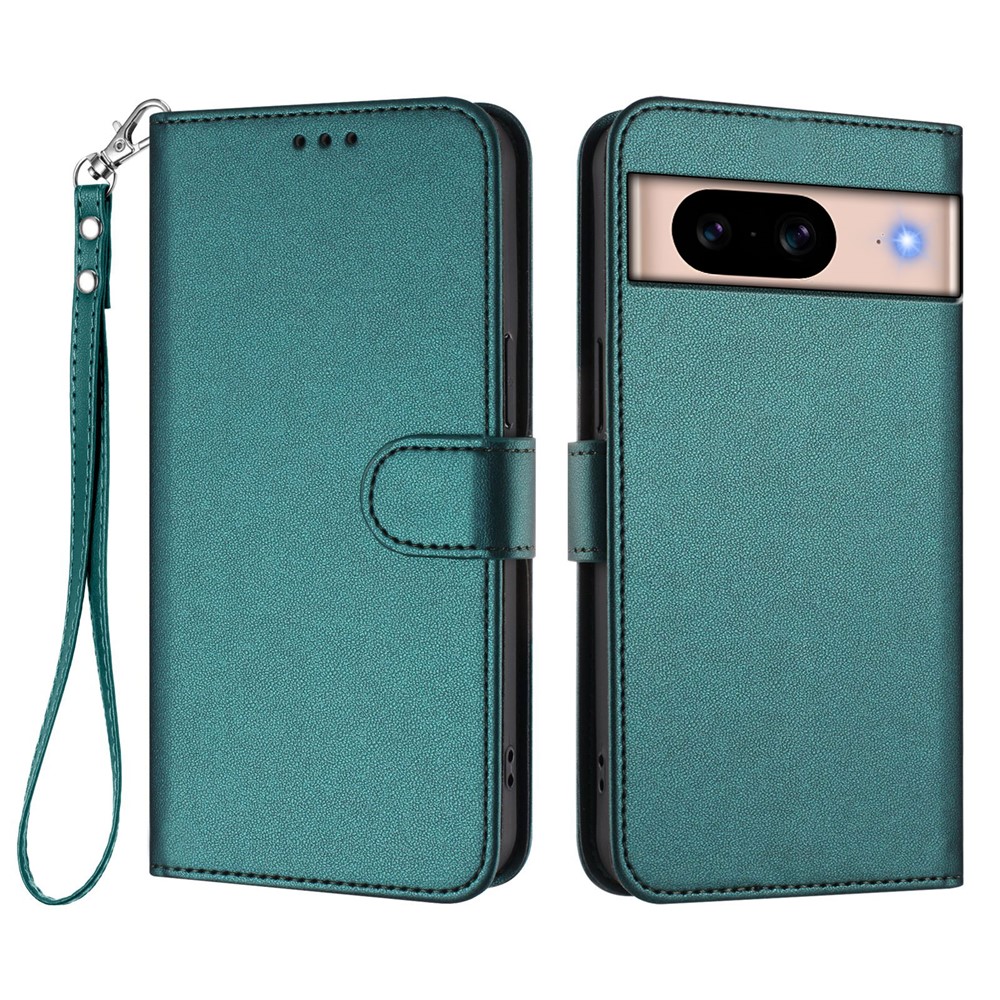 For Google Pixel 8a Leather Case Wallet Stand Phone Cover with Wrist Strap - Green