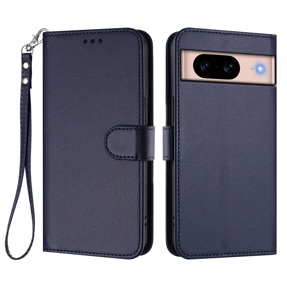 For Google Pixel 8a Leather Case Wallet Stand Phone Cover with Wrist Strap - Blue