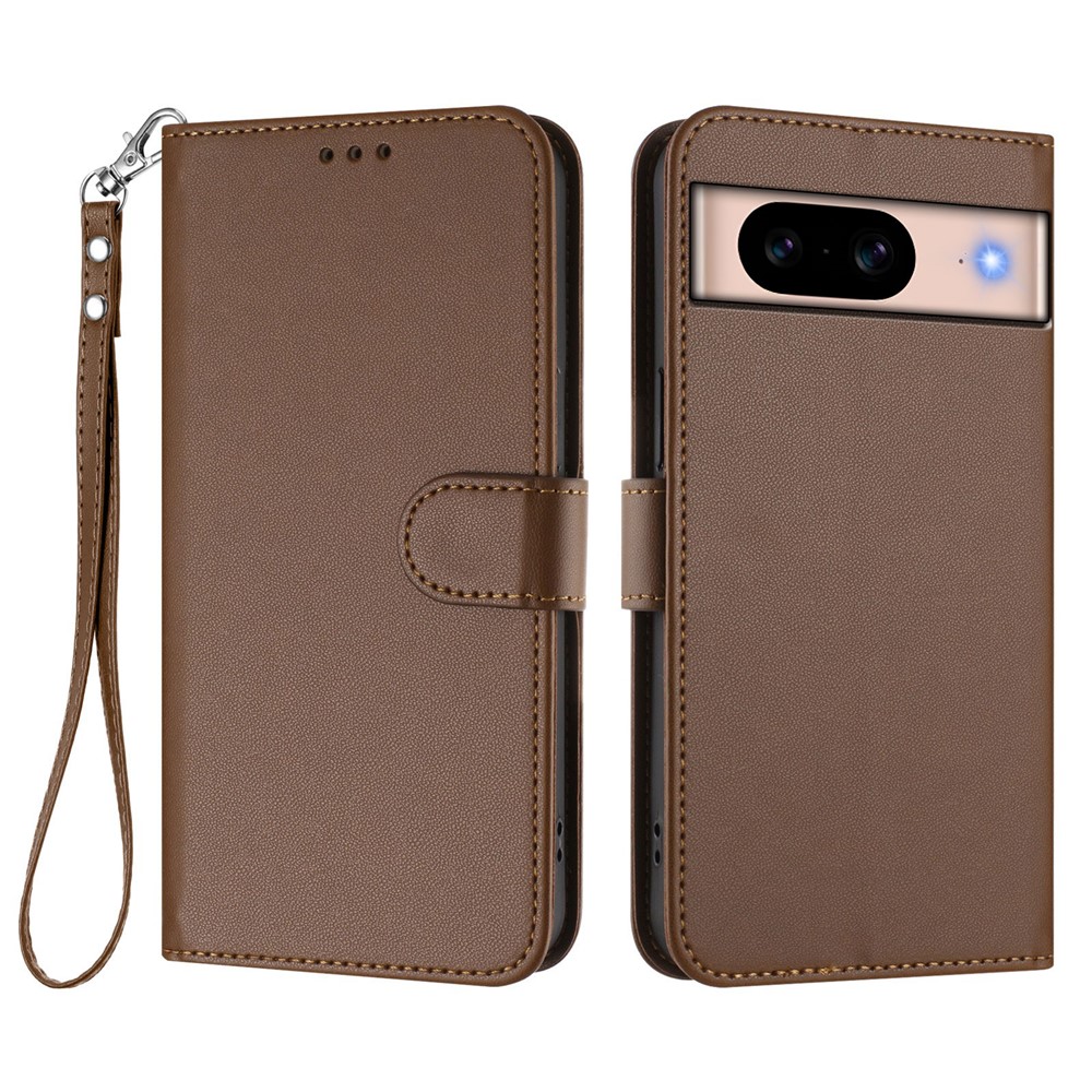 For Google Pixel 8a Leather Case Wallet Stand Phone Cover with Wrist Strap - Brown
