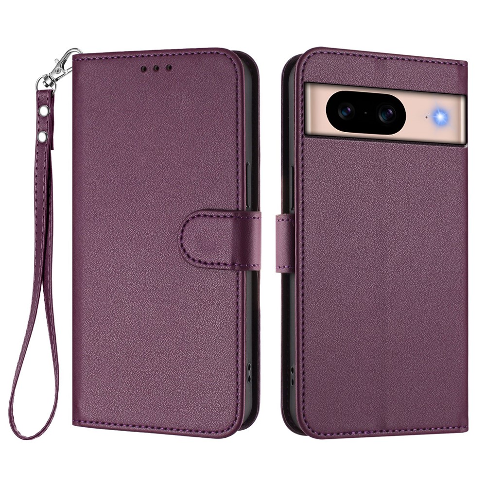 For Google Pixel 8a Leather Case Wallet Stand Phone Cover with Wrist Strap - Purple