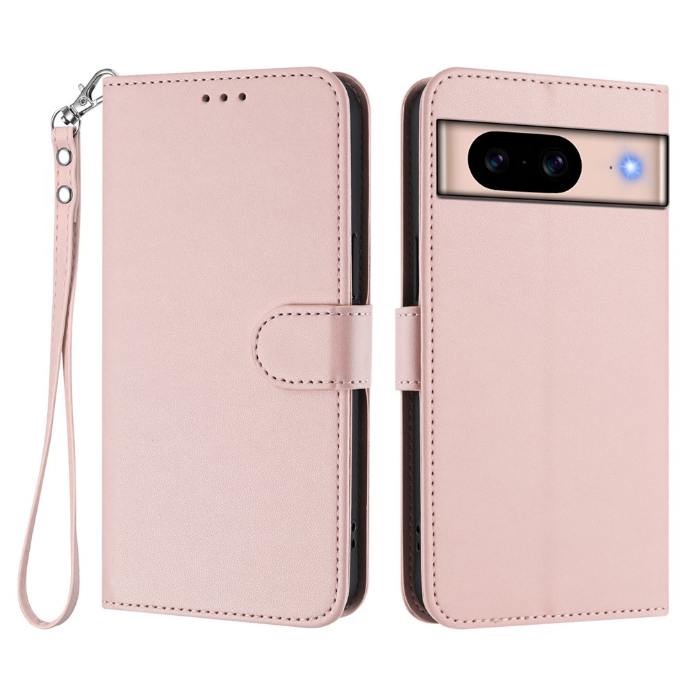 For Google Pixel 8a Leather Case Wallet Stand Phone Cover with Wrist Strap - Pink