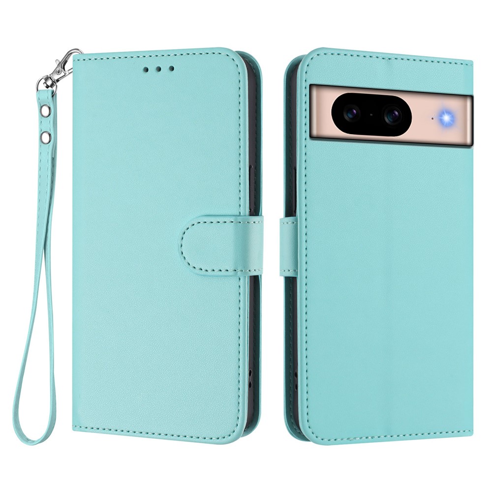 For Google Pixel 8a Leather Case Wallet Stand Phone Cover with Wrist Strap - Mint Green