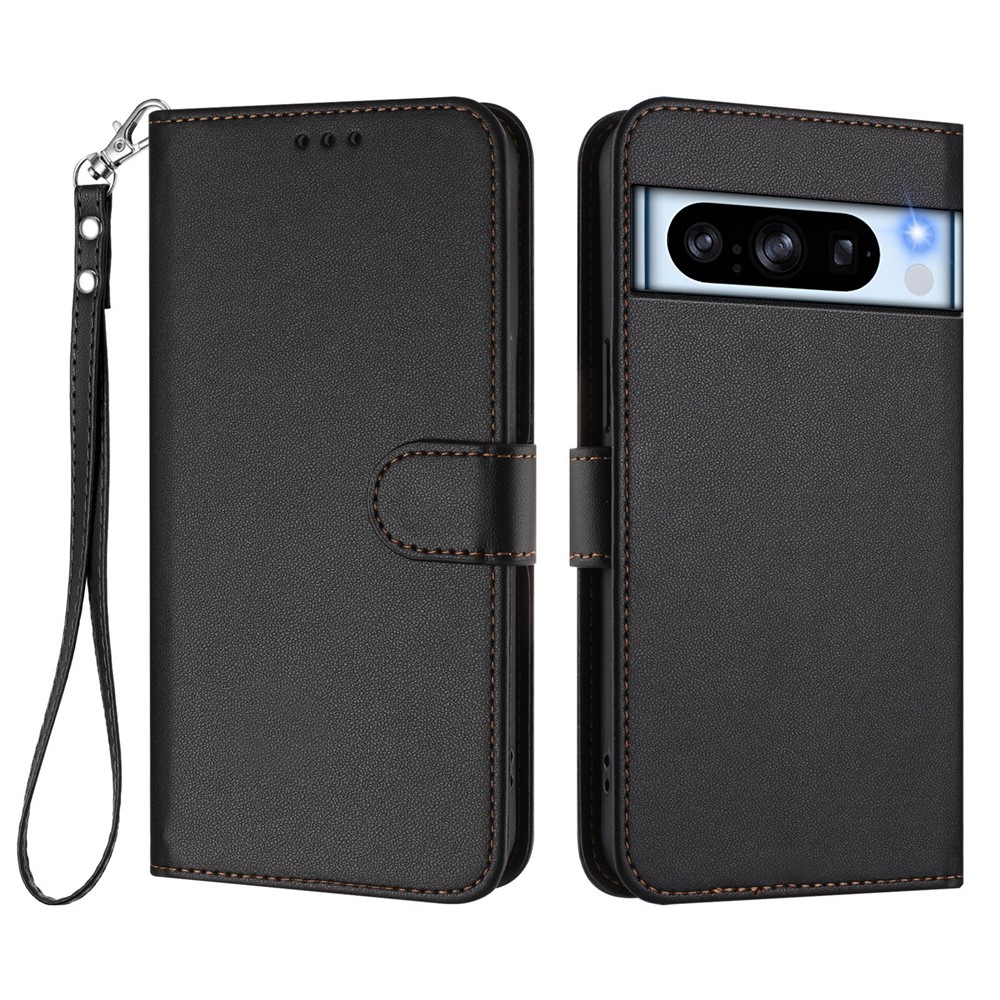 For Google Pixel 8 Pro Leather Case Wallet Stand Phone Cover with Wrist Strap - Black