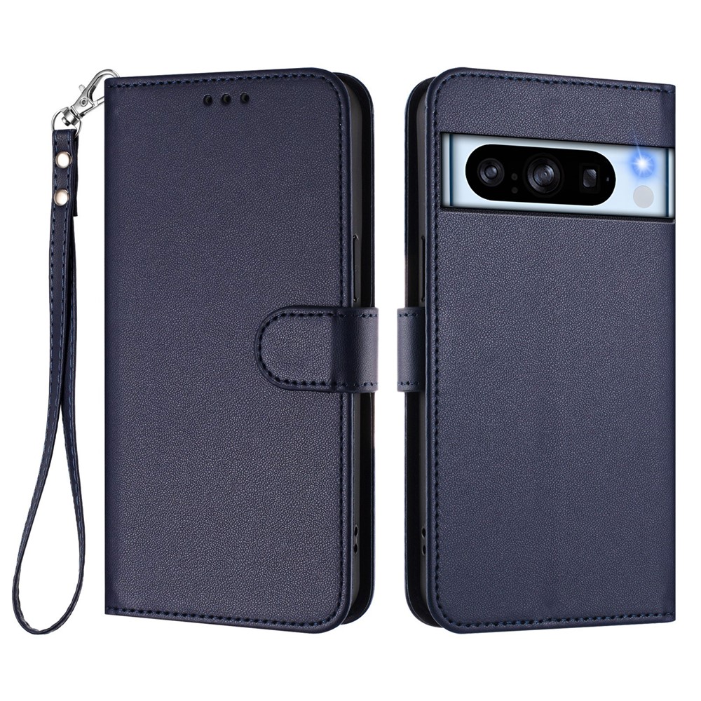 For Google Pixel 8 Pro Leather Case Wallet Stand Phone Cover with Wrist Strap - Blue
