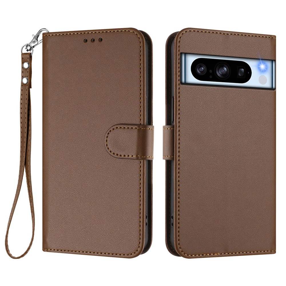 For Google Pixel 8 Pro Leather Case Wallet Stand Phone Cover with Wrist Strap - Brown