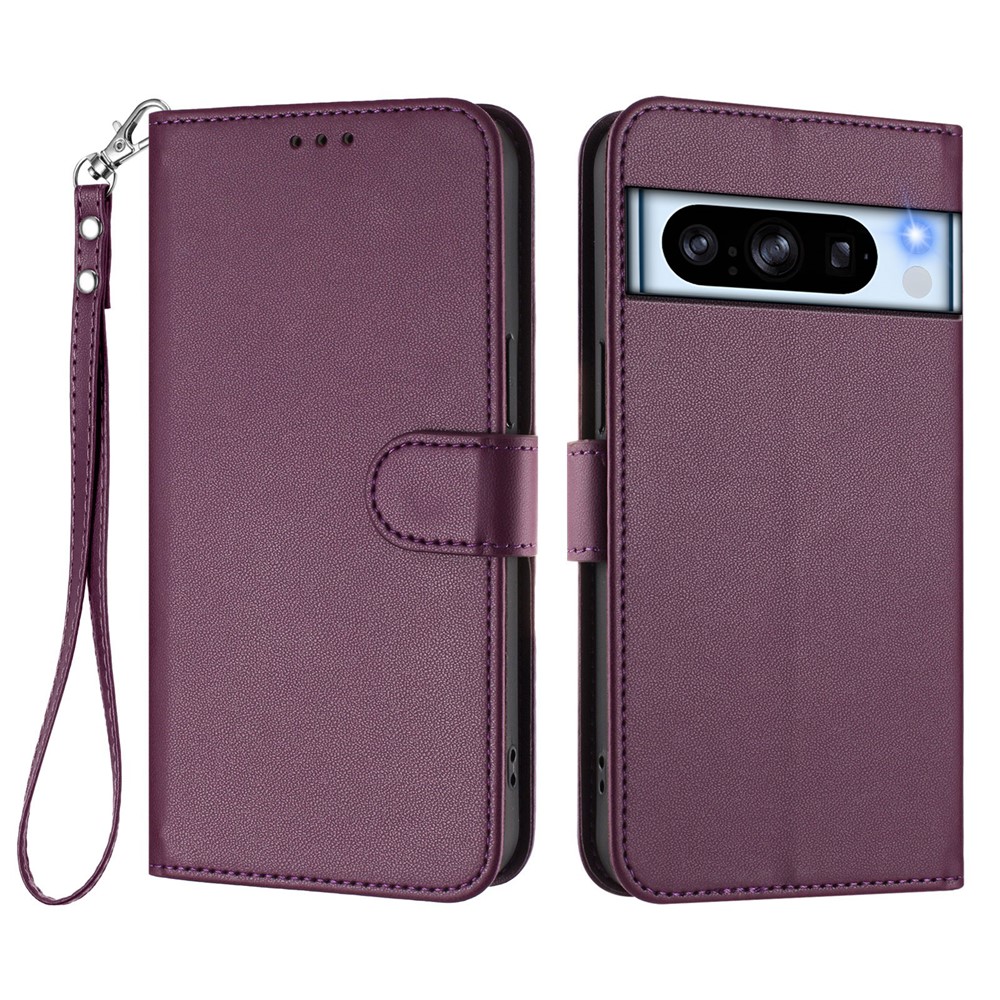 For Google Pixel 8 Pro Leather Case Wallet Stand Phone Cover with Wrist Strap - Purple