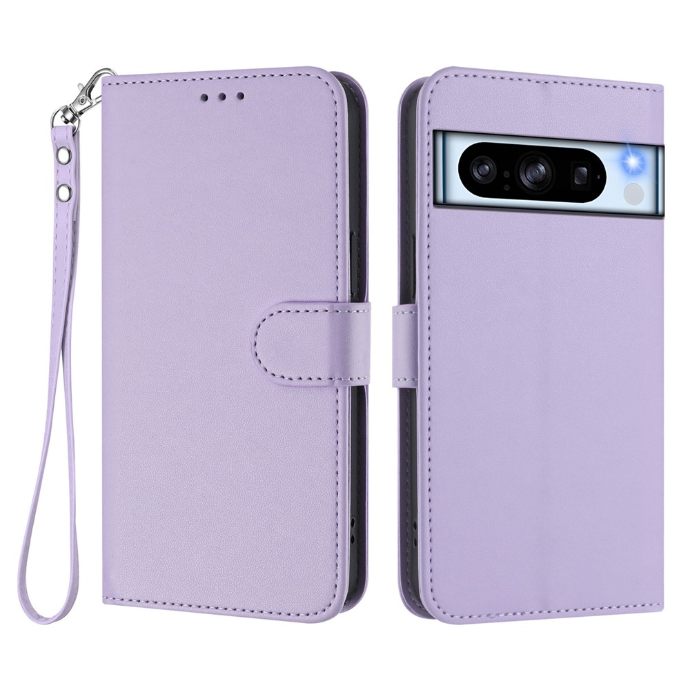 For Google Pixel 8 Pro Leather Case Wallet Stand Phone Cover with Wrist Strap - Light Purple