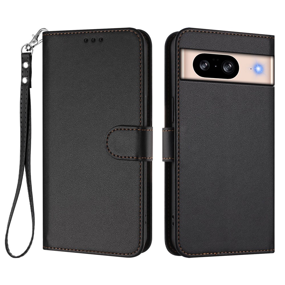 For Google Pixel 8 Leather Case Wallet Stand Phone Cover with Wrist Strap - Black