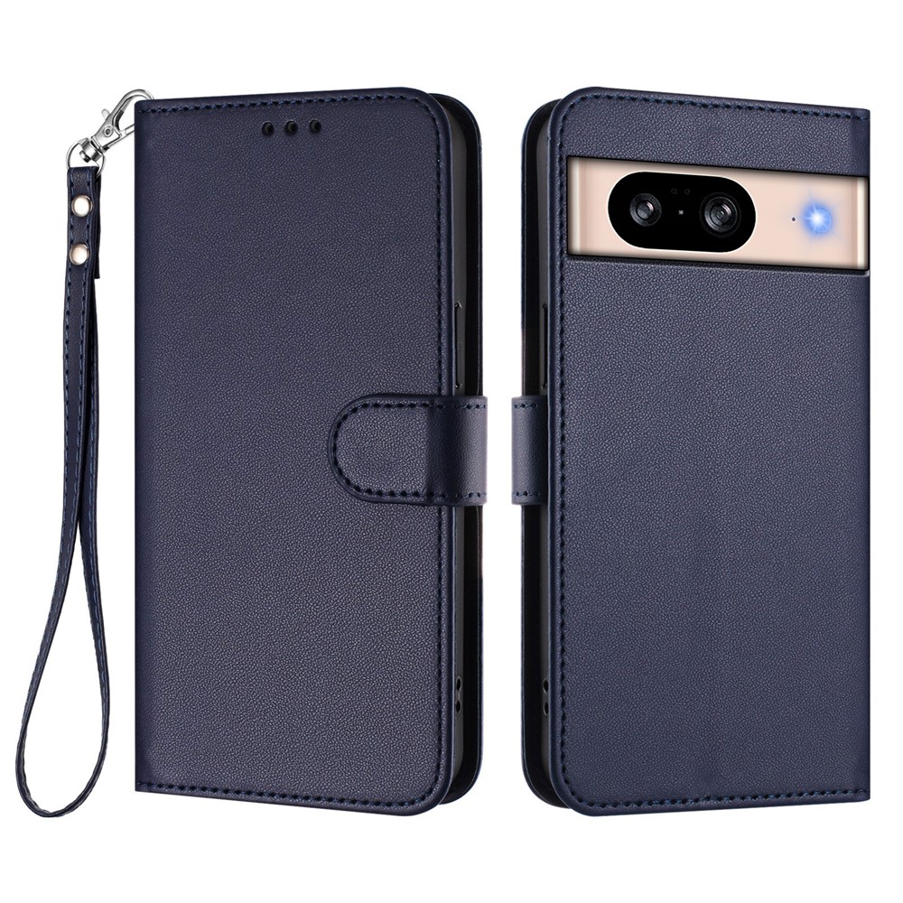 For Google Pixel 8 Leather Case Wallet Stand Phone Cover with Wrist Strap - Blue