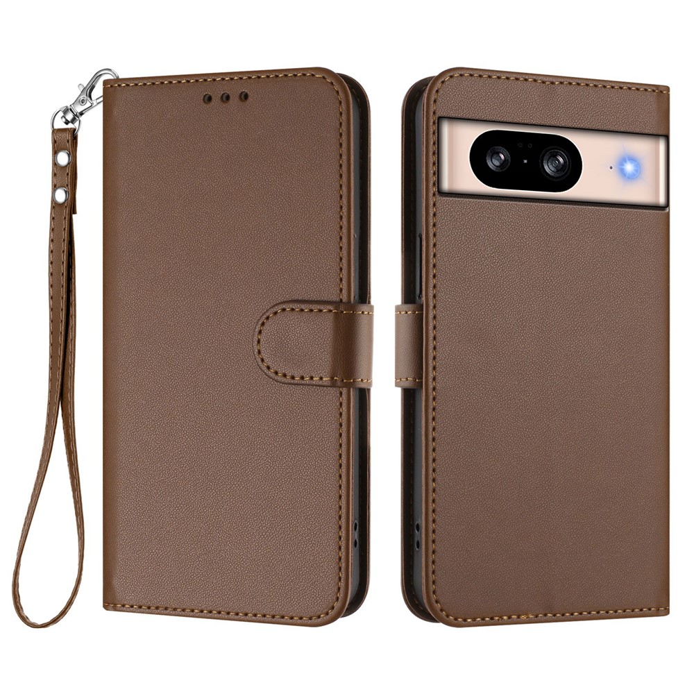 For Google Pixel 8 Leather Case Wallet Stand Phone Cover with Wrist Strap - Brown
