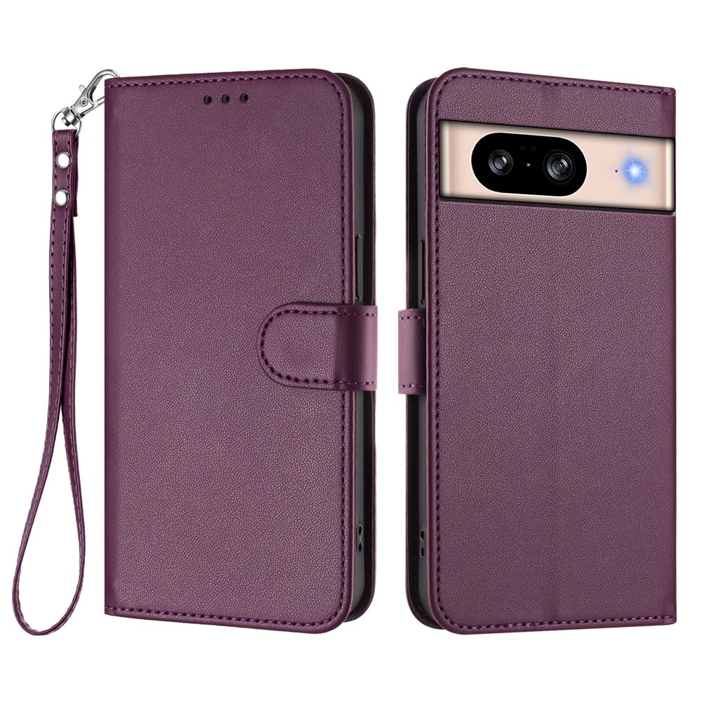 For Google Pixel 8 Leather Case Wallet Stand Phone Cover with Wrist Strap - Purple