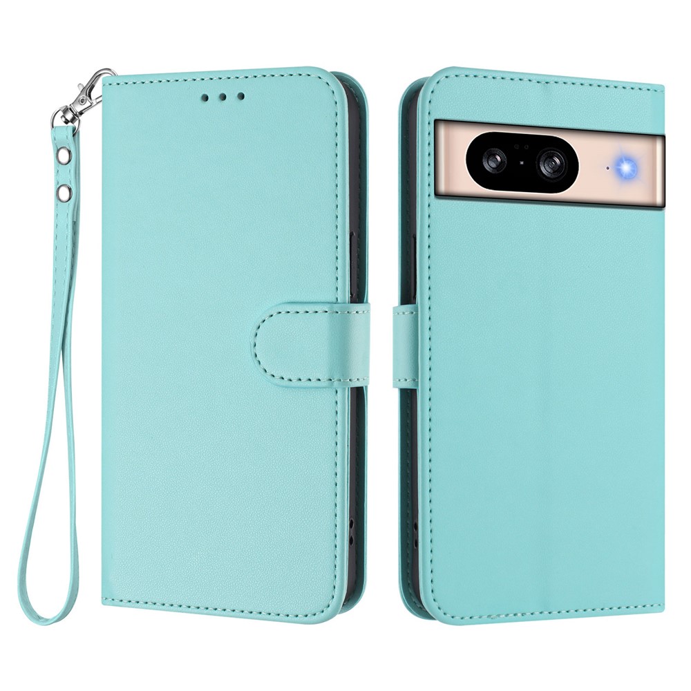 For Google Pixel 8 Leather Case Wallet Stand Phone Cover with Wrist Strap - Mint Green