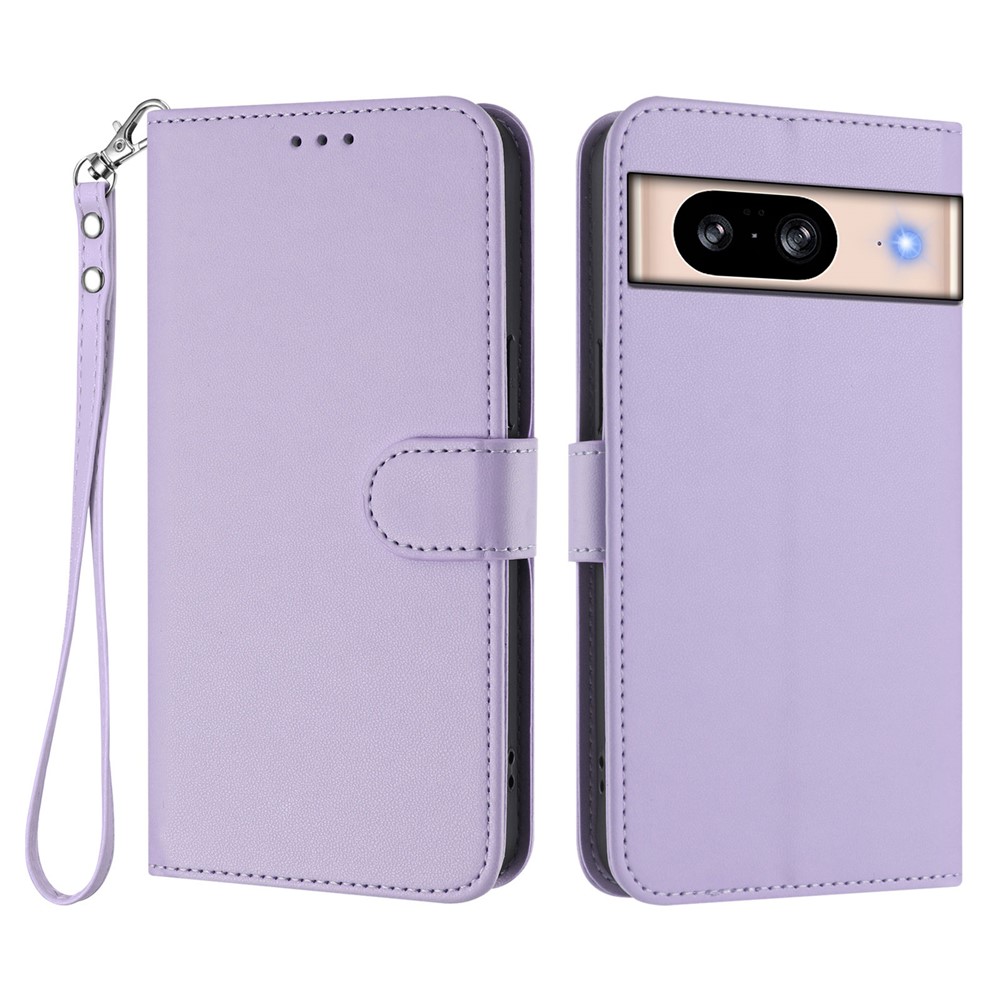 For Google Pixel 8 Leather Case Wallet Stand Phone Cover with Wrist Strap - Light Purple