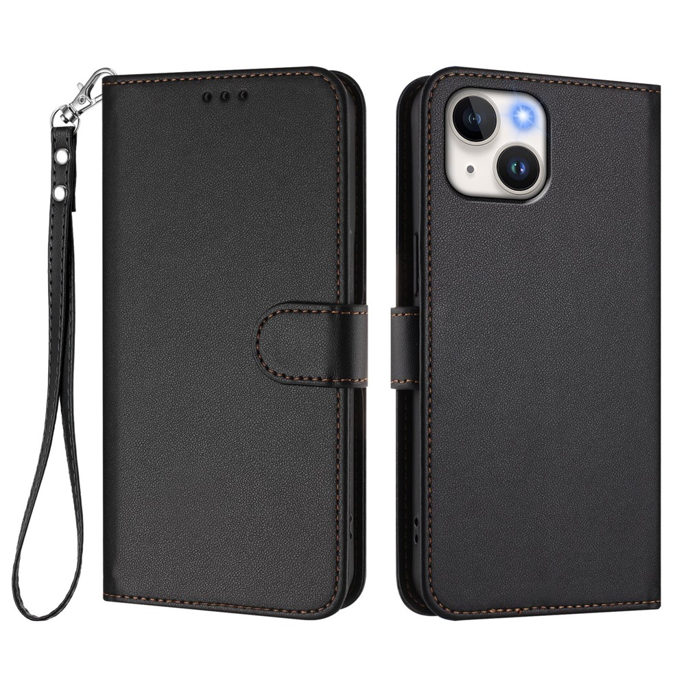 For iPhone 15 Leather Case Wallet Stand Phone Cover with Wrist Strap - Black
