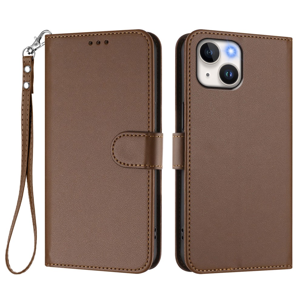 For iPhone 15 Leather Case Wallet Stand Phone Cover with Wrist Strap - Brown