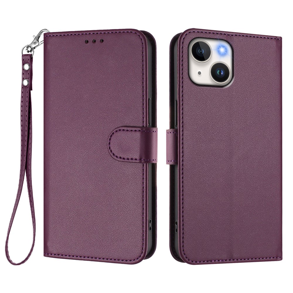 For iPhone 15 Leather Case Wallet Stand Phone Cover with Wrist Strap - Purple