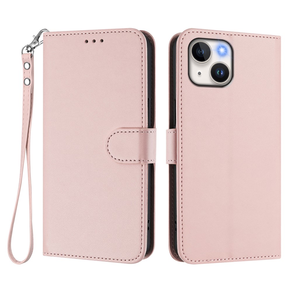 For iPhone 15 Leather Case Wallet Stand Phone Cover with Wrist Strap - Pink