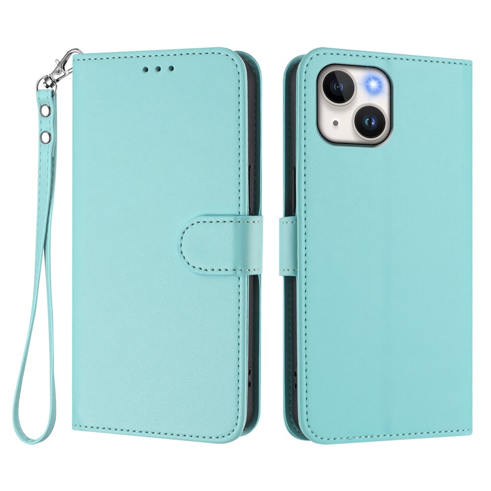 For iPhone 15 Leather Case Wallet Stand Phone Cover with Wrist Strap - Mint Green