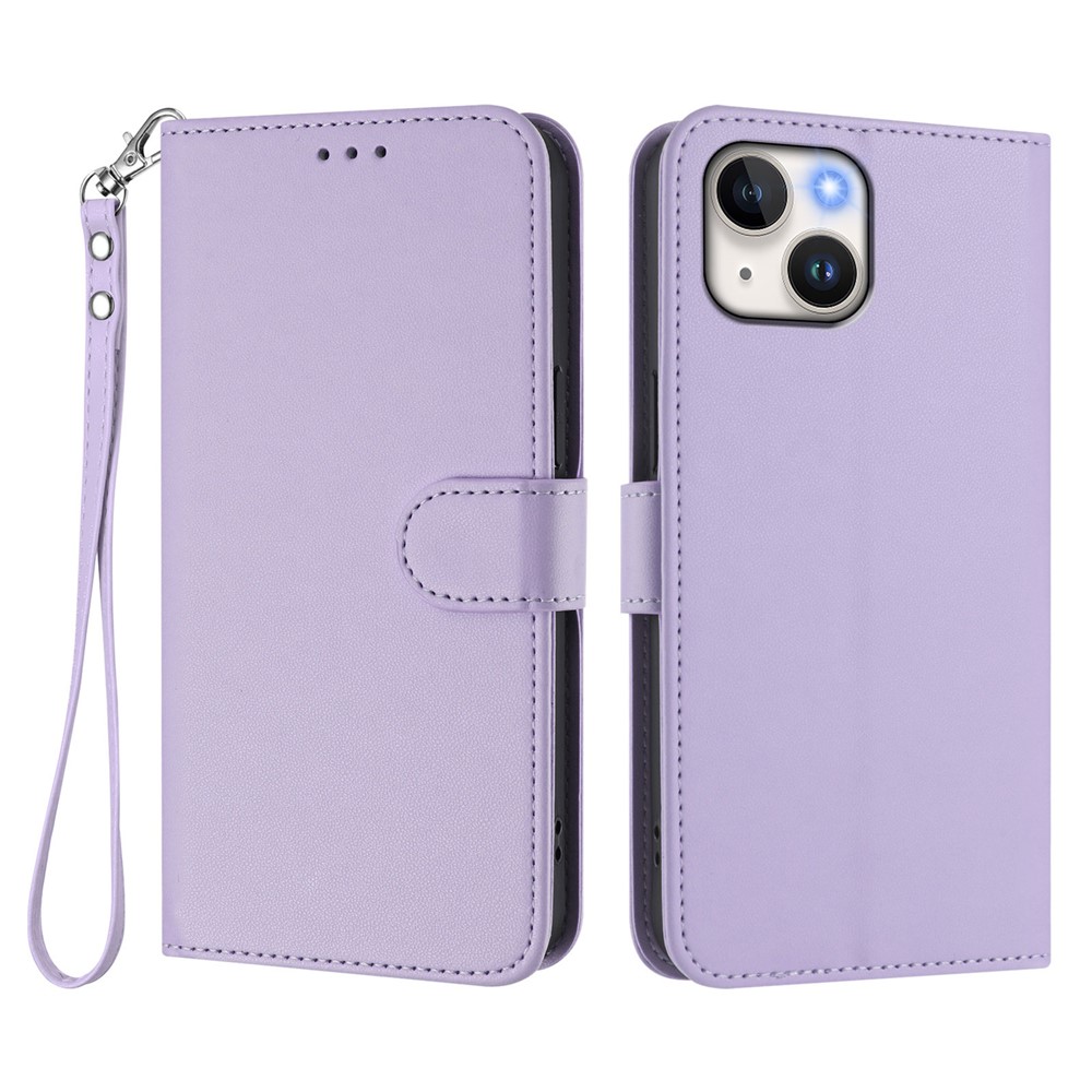 For iPhone 15 Leather Case Wallet Stand Phone Cover with Wrist Strap - Light Purple