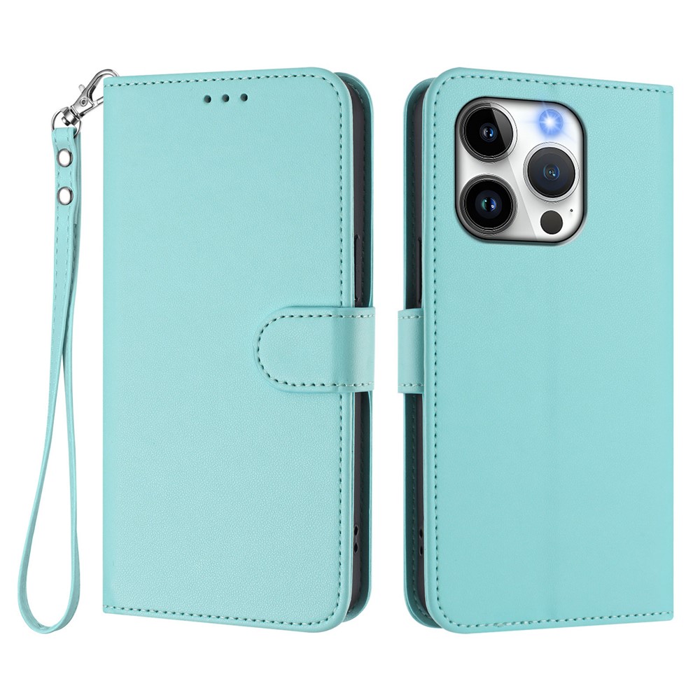 For iPhone 15 Pro Leather Case Wallet Stand Phone Cover with Wrist Strap - Mint Green