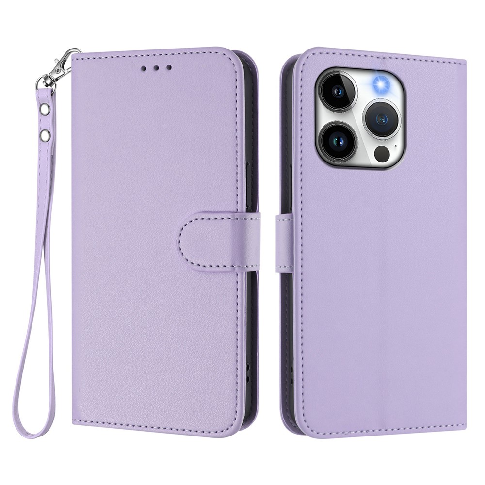 For iPhone 15 Pro Leather Case Wallet Stand Phone Cover with Wrist Strap - Light Purple