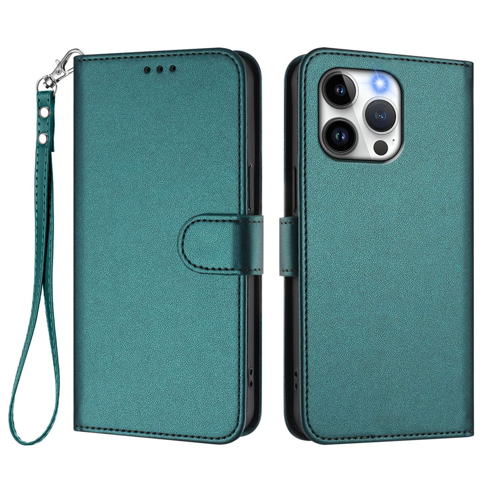 For iPhone 15 Pro Max Leather Case Wallet Stand Phone Cover with Wrist Strap - Green