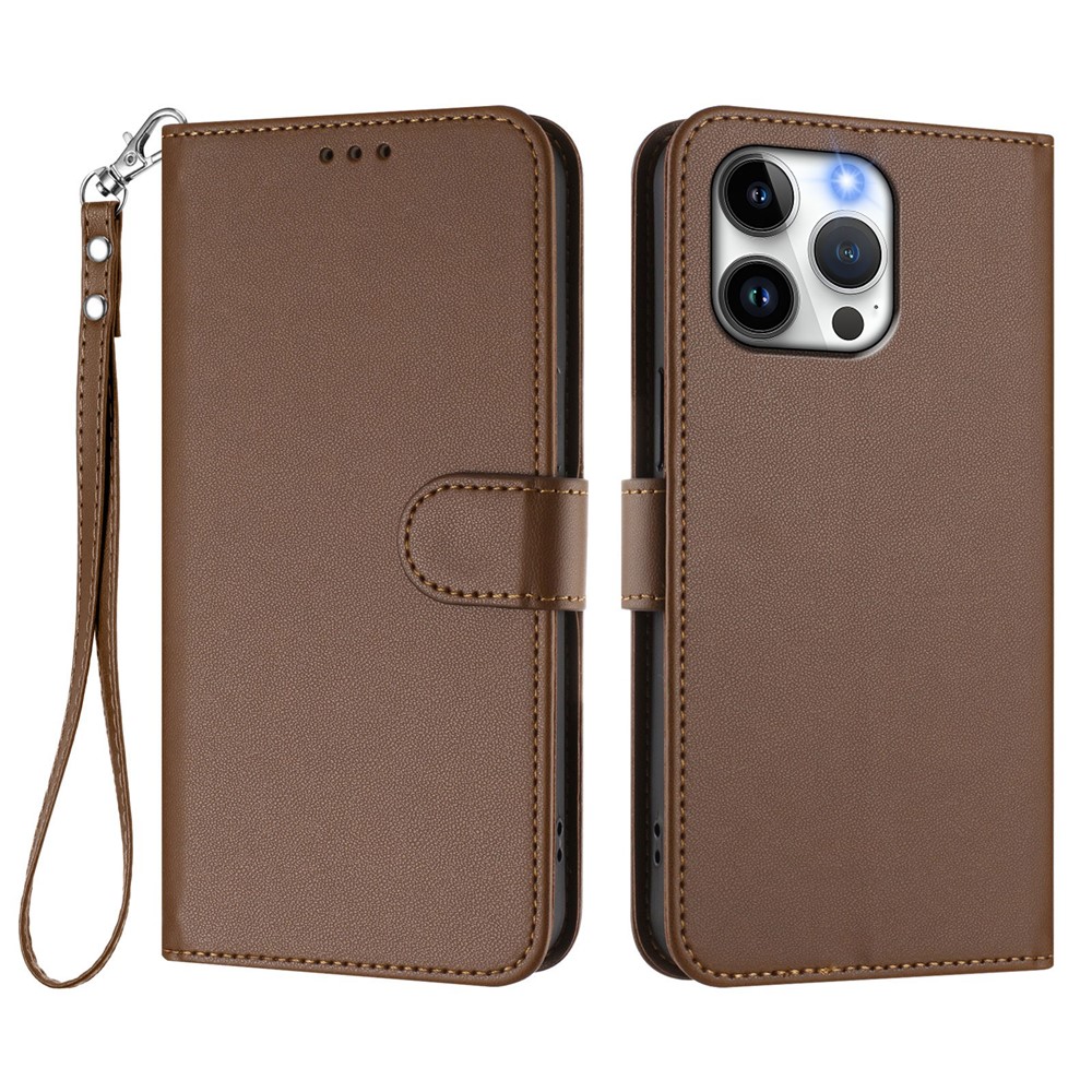 For iPhone 15 Pro Max Leather Case Wallet Stand Phone Cover with Wrist Strap - Brown