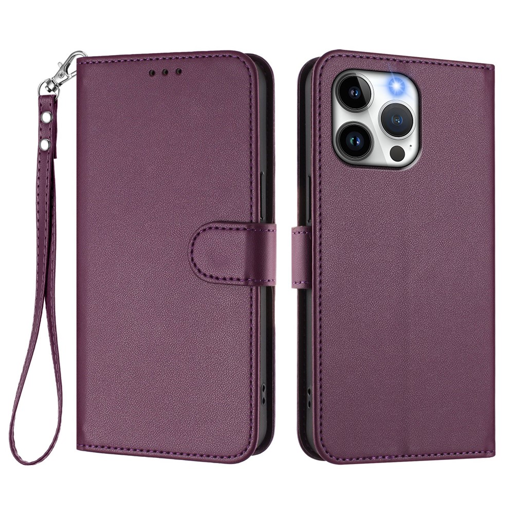 For iPhone 15 Pro Max Leather Case Wallet Stand Phone Cover with Wrist Strap - Purple