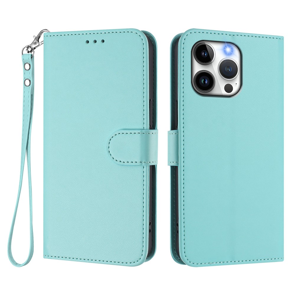 For iPhone 15 Pro Max Leather Case Wallet Stand Phone Cover with Wrist Strap - Mint Green