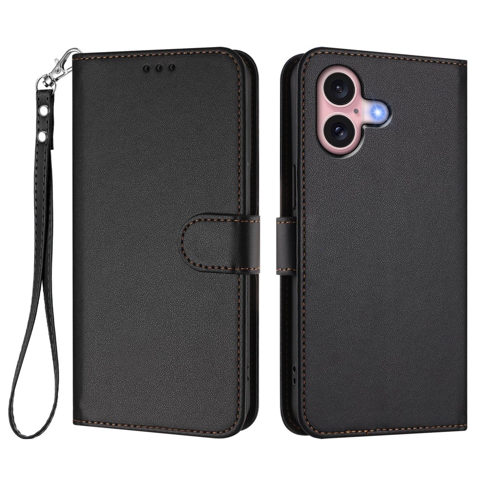 For iPhone 16 Leather Case Wallet Stand Phone Cover with Wrist Strap - Black