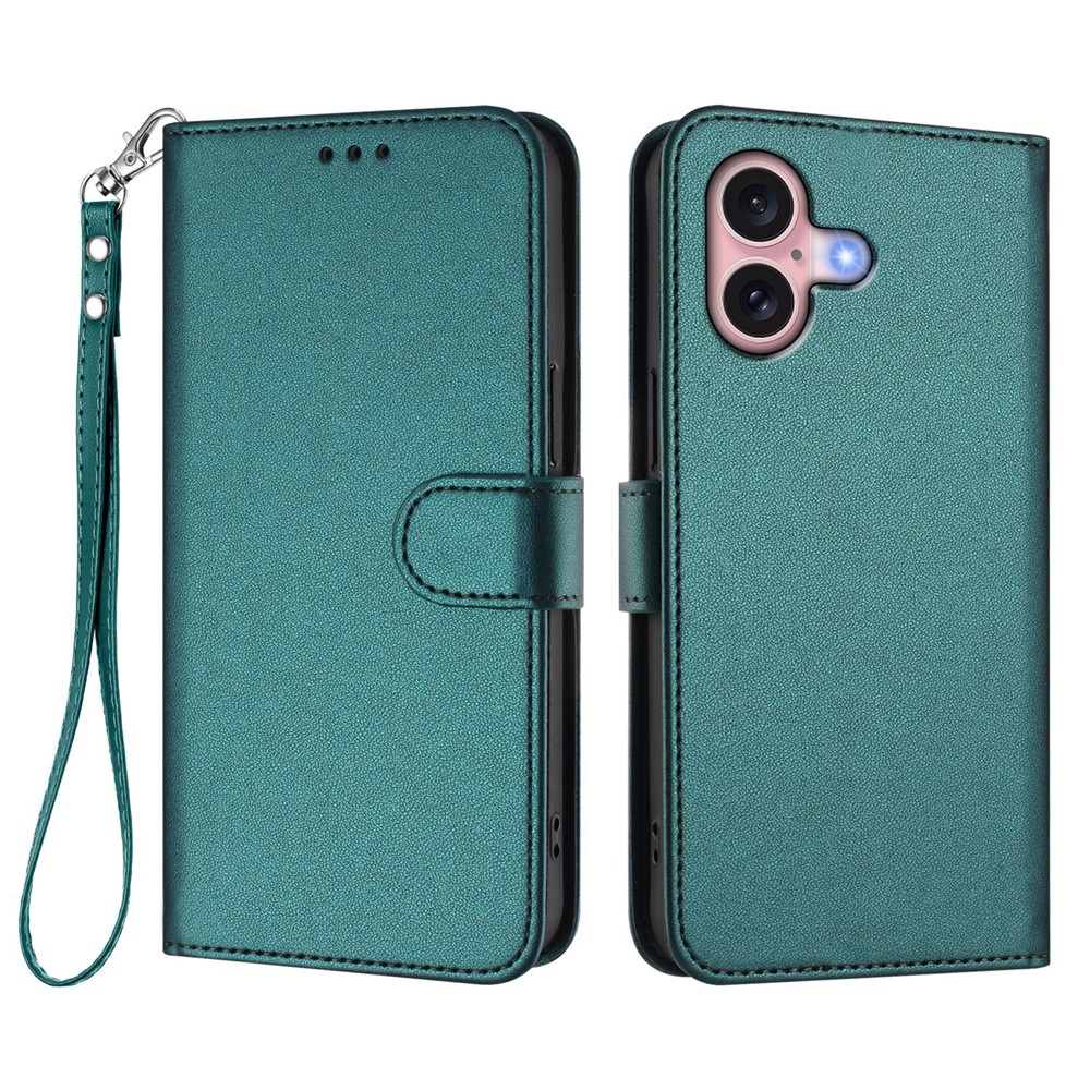 For iPhone 16 Leather Case Wallet Stand Phone Cover with Wrist Strap - Green