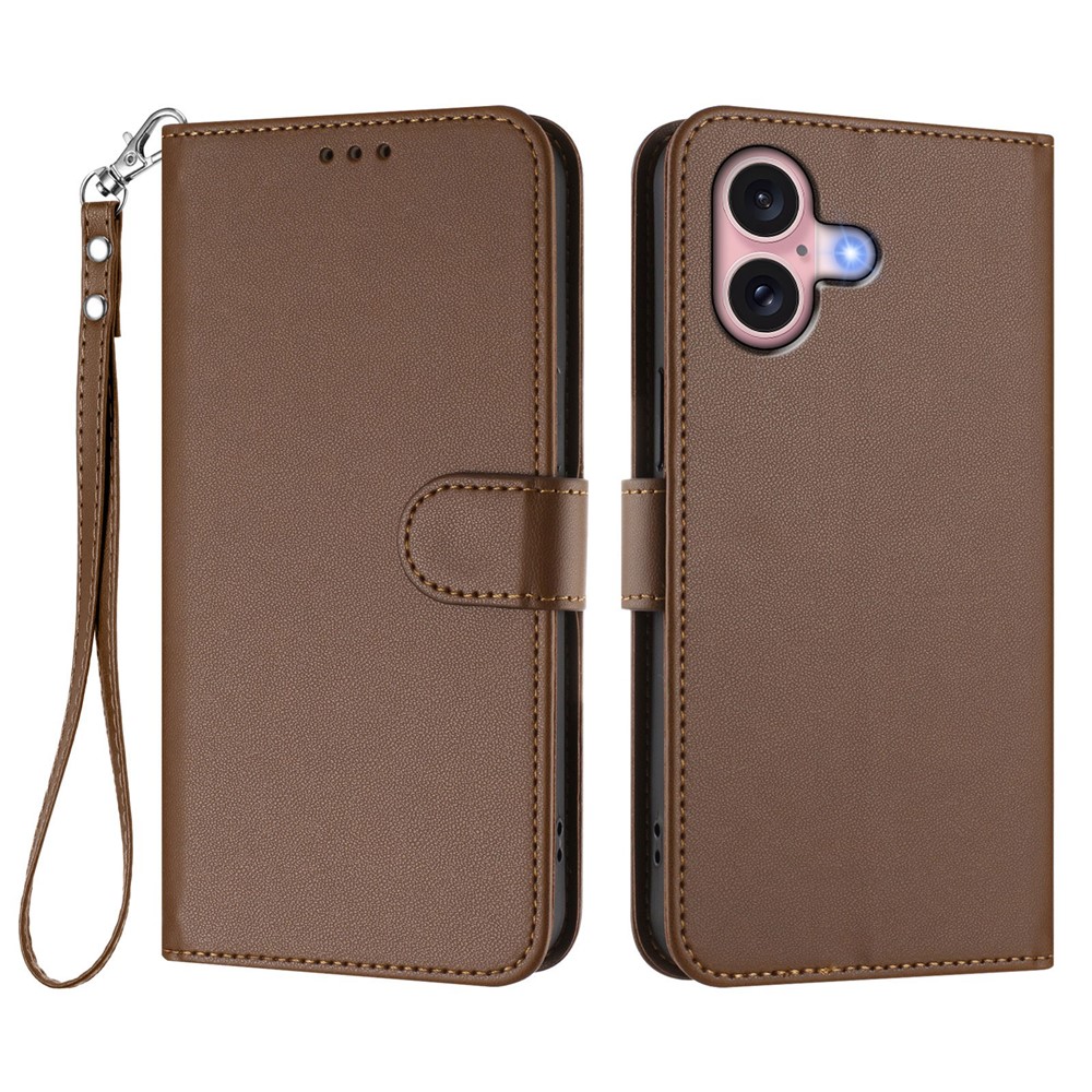 For iPhone 16 Leather Case Wallet Stand Phone Cover with Wrist Strap - Brown