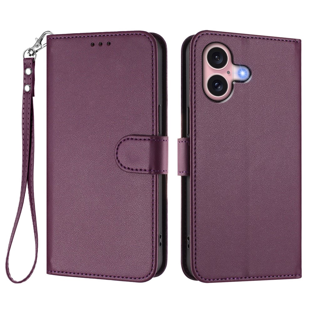 For iPhone 16 Leather Case Wallet Stand Phone Cover with Wrist Strap - Purple