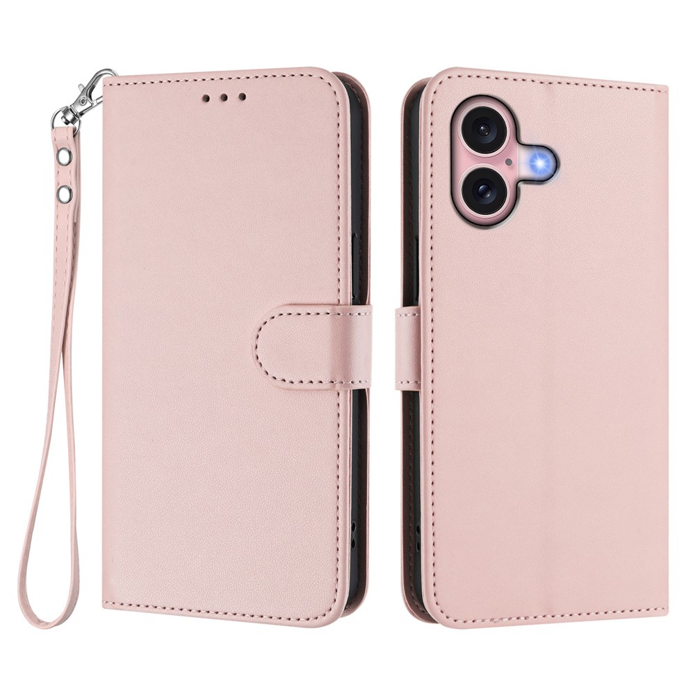 For iPhone 16 Leather Case Wallet Stand Phone Cover with Wrist Strap - Pink