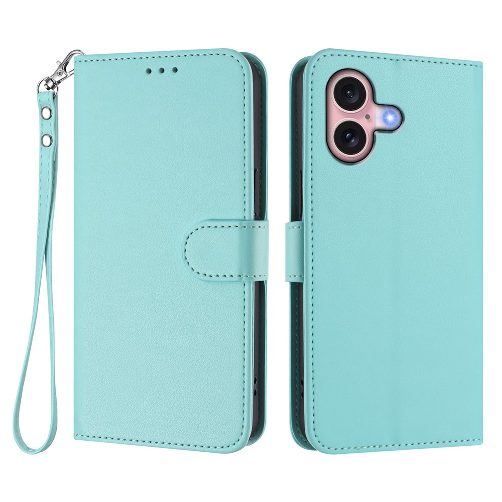 For iPhone 16 Leather Case Wallet Stand Phone Cover with Wrist Strap - Mint Green