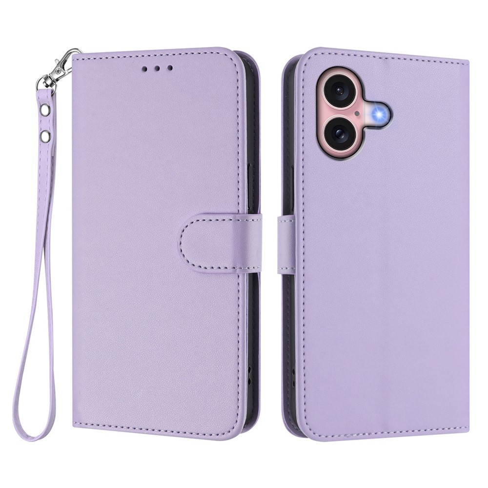 For iPhone 16 Leather Case Wallet Stand Phone Cover with Wrist Strap - Light Purple